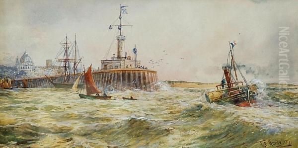 Paddle Steamer And Other Craft At A Harbour Mouth Oil Painting by Thomas Bush Hardy