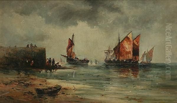 Coastal Scene With Fishing Boats And Figures By A Jetty Oil Painting by Thomas Bush Hardy