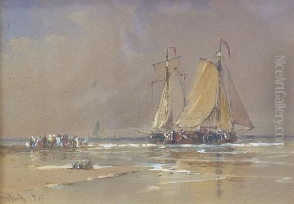 Boats And Figures On A Beach At Low Tide Oil Painting by Thomas Bush Hardy