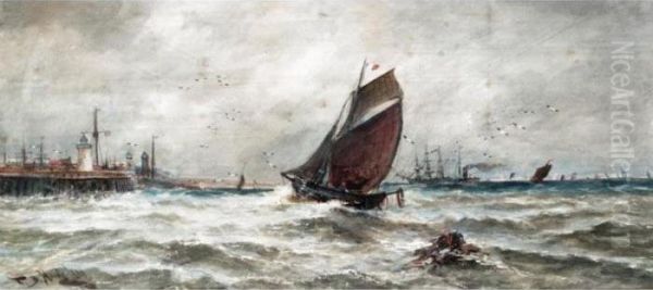 A French Trawler Running Into Harbour Oil Painting by Thomas Bush Hardy