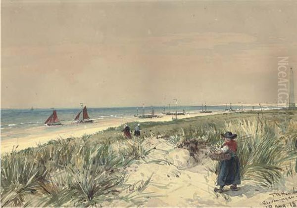 Fishwives Heading For The Beach To Collect The Day's Catch Atscheveningen Oil Painting by Thomas Bush Hardy