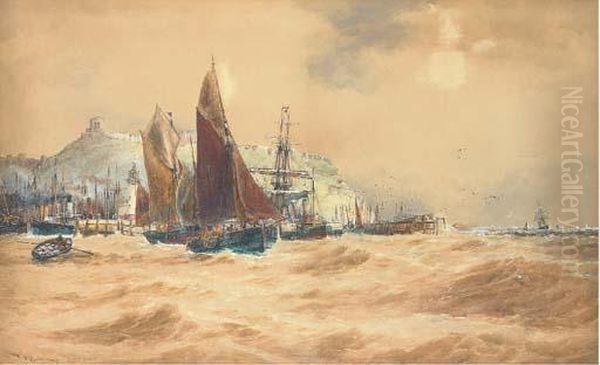 The Scarborough Fishing Fleet Heading Out Oil Painting by Thomas Bush Hardy