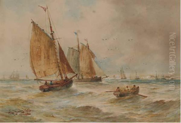 Fishing Vessels In Coastal Waters Oil Painting by Thomas Bush Hardy