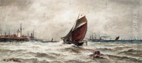 A French Trawler Running Into Harbour Oil Painting by Thomas Bush Hardy