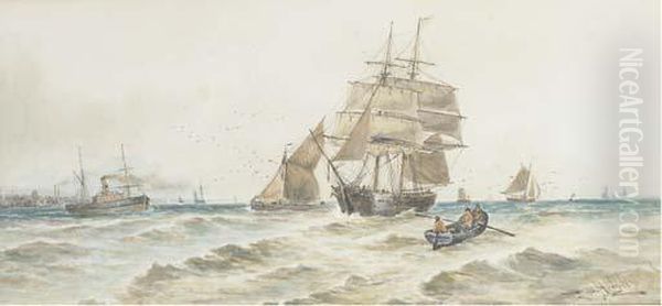 A Trading Brig, Steamer And Other Shipping In Coastal Waters Oil Painting by Thomas Bush Hardy