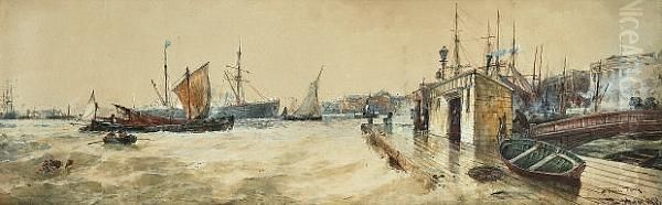 A Thames Ferry Oil Painting by Thomas Bush Hardy