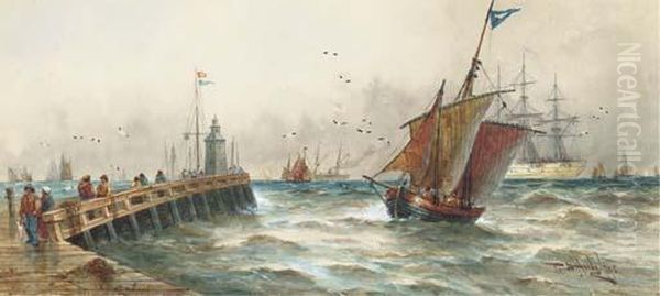 Figures On A Jetty With Shipping
 In The Channel Beyond(illustrated); And A Blustery Day In The Channel 
Off Dover Oil Painting by Thomas Bush Hardy