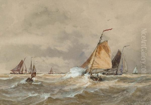 Dutch Fishing Vessels On The North Sea Oil Painting by Thomas Bush Hardy