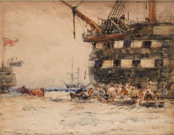 A Two-decker Unloading Its Crew Oil Painting by Thomas Bush Hardy