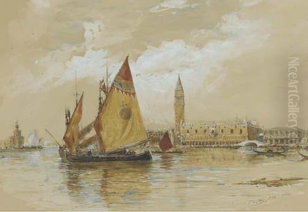 Fishing Craft On The Lagoon, Venice Before The Dogana Oil Painting by Thomas Bush Hardy