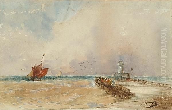 Fishing Vessels Off A Pier Oil Painting by Thomas Bush Hardy