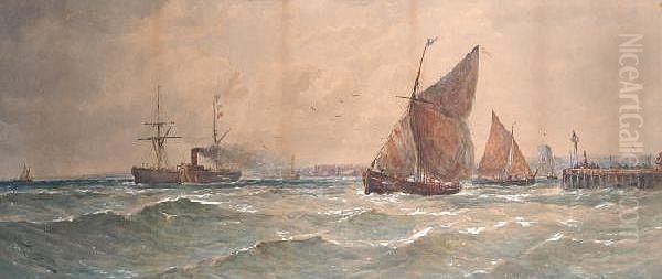 Fishing Boats And Other Vessels Leaving Port Oil Painting by Thomas Bush Hardy