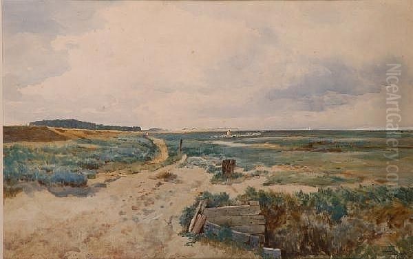 Drover And Sheep In An Extensive Coastal Landscape (possibly Wells-next-the-sea) Oil Painting by Thomas Bush Hardy