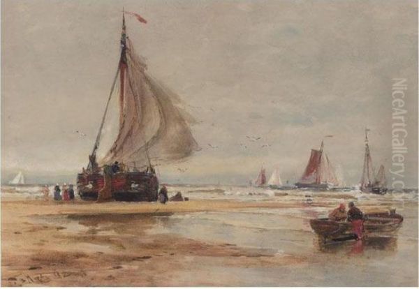 Fishing Vessels On The Shore Oil Painting by Thomas Bush Hardy