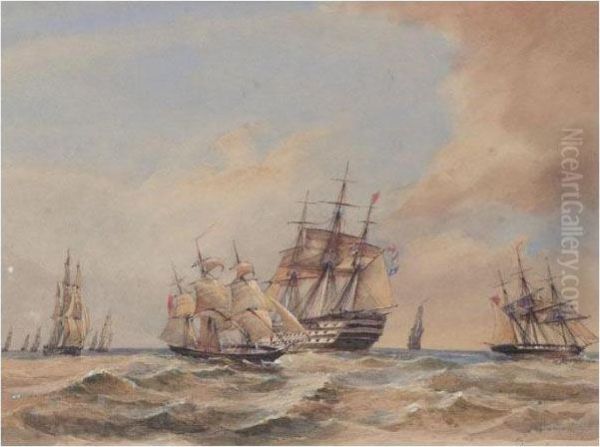 Men-o'-war In Choppy Seas Oil Painting by Thomas Bush Hardy