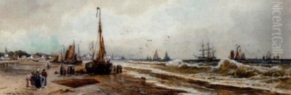 Dutch Harbour Scene Oil Painting by Thomas Bush Hardy