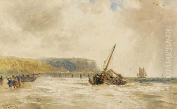 Fishing Vessels Landing On A Beach In France Oil Painting by Thomas Bush Hardy