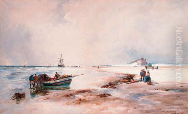 A Wreck Ashore, Bamborough Oil Painting by Thomas Bush Hardy