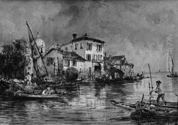 Figures In Fishing Boats On A Venetian Canal Oil Painting by Thomas Bush Hardy