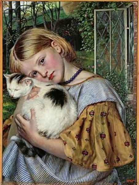 A Girl with a Cat 1860 Oil Painting by Robert Braithwaite Martineau