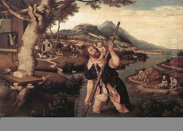 Hilly River Landscape with St Christopher Oil Painting by Jan Mostaert