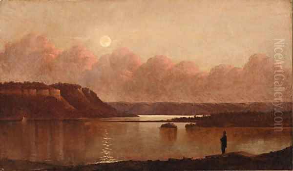 Sunset and Moonrise, Lake Pepin, Minn. Oil Painting by Joseph Rusling Meeker