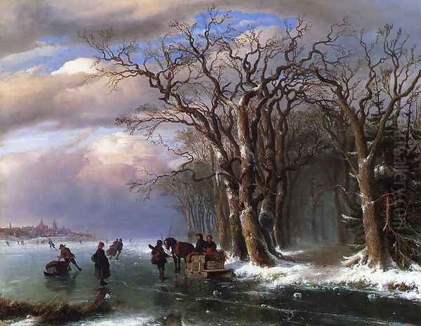 Winter Skating Scene Oil Painting by Louis Remy Mignot