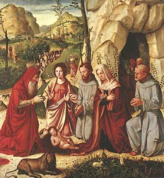 The Adoration of the Child with Saints Francis of Assisi, Jerome, Catherine of Alexandria and Bernardino of Siena, the Shepherds Oil Painting by Altobello Melone