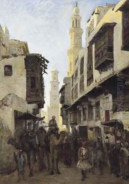 Street Mouizz-Dinn in Cairo, Kalaoun Mosque in the Background (La rue Mouizz-Dinn au Caire, avec la mosquee Kalaoun à l'arrière-plan) Oil Painting by Nikolai Egorovich Makovsky