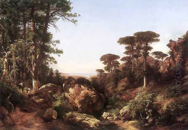 Forest Scene at Ailo in Corsica 1870s Oil Painting by Karoly Marko