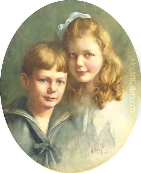 Sweet siblings doubleportrait of a boy and a girl Oil Painting by Matthijs Maris