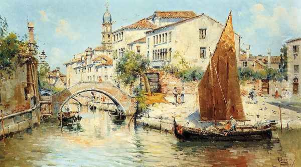 Venetian Canal Scene - Pic 2 Oil Painting by Antonio Maria de Reyna