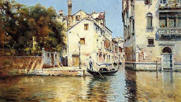 Venetian Canal Scene - Pic 1 Oil Painting by Antonio Maria de Reyna