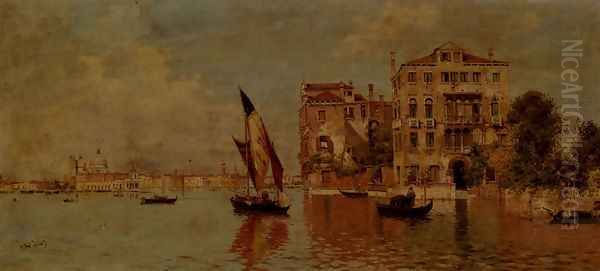 Venetian Canal Oil Painting by Antonio Maria de Reyna