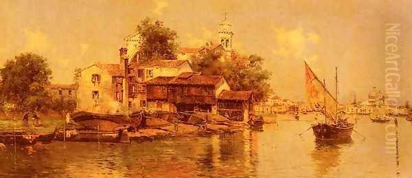 A Boathouse in Venice Oil Painting by Antonio Maria de Reyna