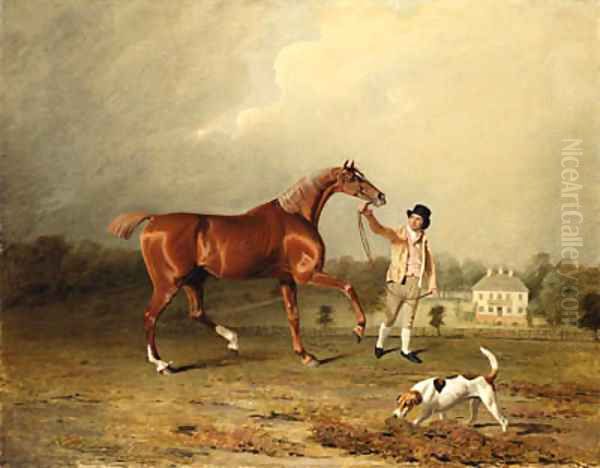 Charles Arnott's Chestnut Hunter Held by a Groom in an Extensive Landscape, with Rushington Manor Beyond Oil Painting by Ben Marshall