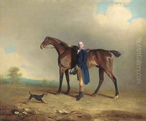 A gentleman with a bay hunter and terrier in a landscape Oil Painting by Ben Marshall