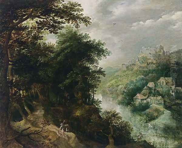 Wooded River Landscape with St John the Baptist c. 1610 Oil Painting by Anthonie Mirou