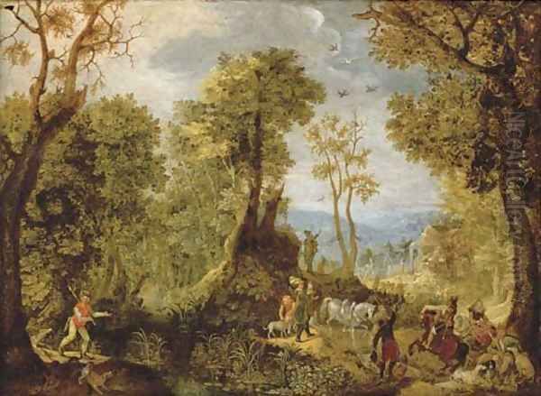 Hunters in a wooded landscape with a village and an extensive landscape beyond Oil Painting by Anthonie Mirou