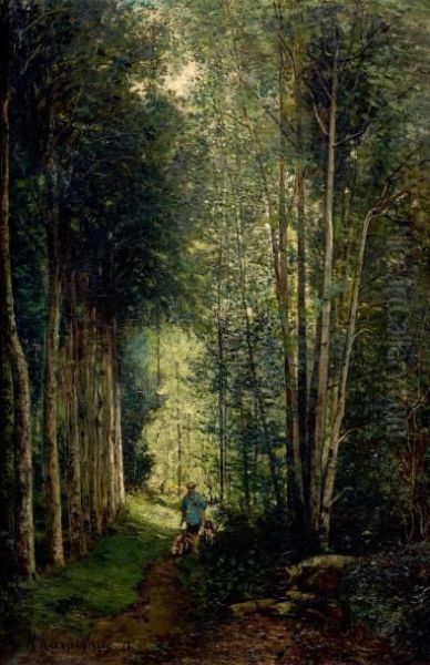 Chasseur Dans L'allee Du Sous-bois Oil Painting by Henri-Joseph Harpignies