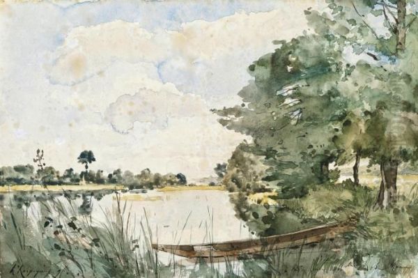 A Punt Resting On A Riverbank Oil Painting by Henri-Joseph Harpignies