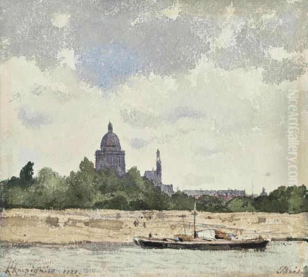 The Dome Of The Pantheon From The Seine, Paris Oil Painting by Henri-Joseph Harpignies