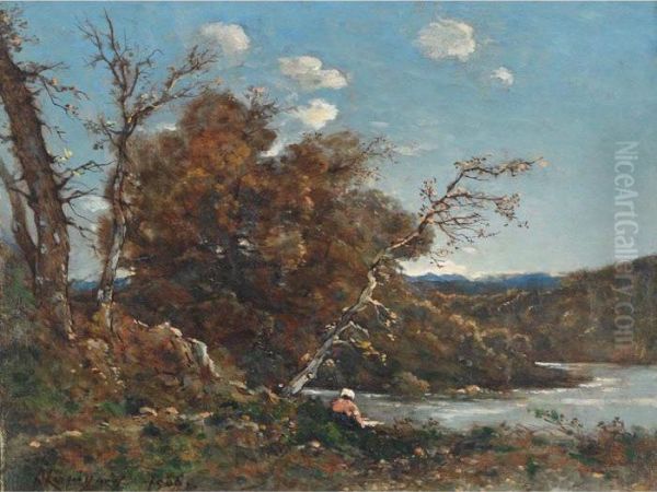 Woman Sitting On A Riverbank Oil Painting by Henri-Joseph Harpignies