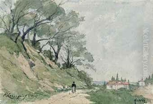 Vue De Menton Oil Painting by Henri-Joseph Harpignies