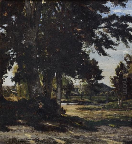 Promeneur Se Reposant Dans Un Paysage Boise Oil Painting by Henri-Joseph Harpignies