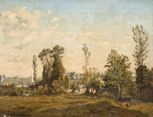 Cheval Gris Dans Un Pre Bordant Un Village Oil Painting by Henri-Joseph Harpignies