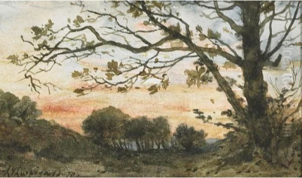 Landscape (sun Setting Over Trees By Shore) Oil Painting by Henri-Joseph Harpignies