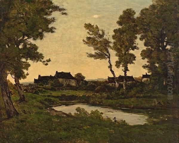 Cottages At The Edge Of A Wood, Early Evening Oil Painting by Henri-Joseph Harpignies