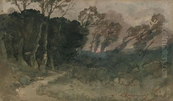 In The Forest At Dusk Oil Painting by Henri-Joseph Harpignies