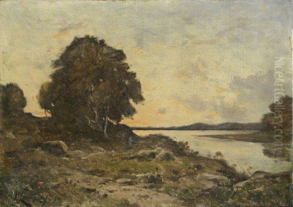 Soleil Couchant En Bord De Riviere Oil Painting by Henri-Joseph Harpignies